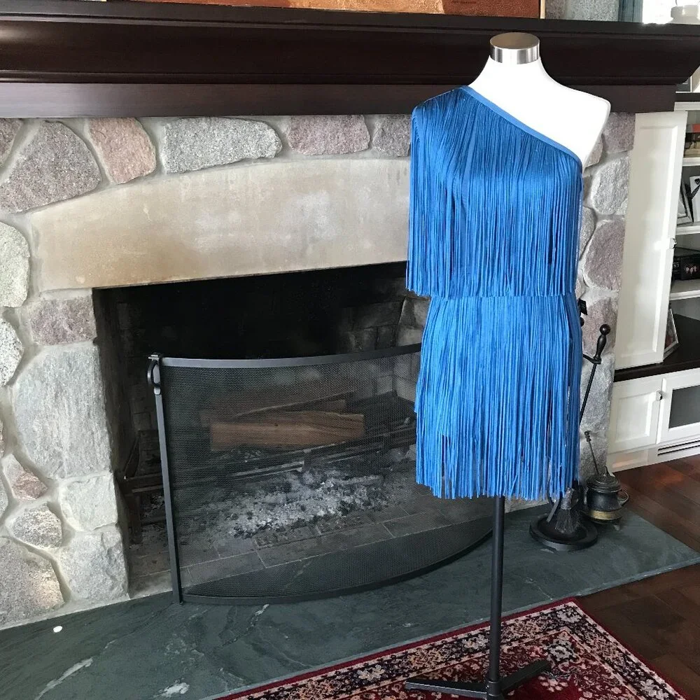 'Herve Leger Paris' One Shoulder Mini Fringe Dress in Petrol Blue - Size Small - Picture 3 of 8